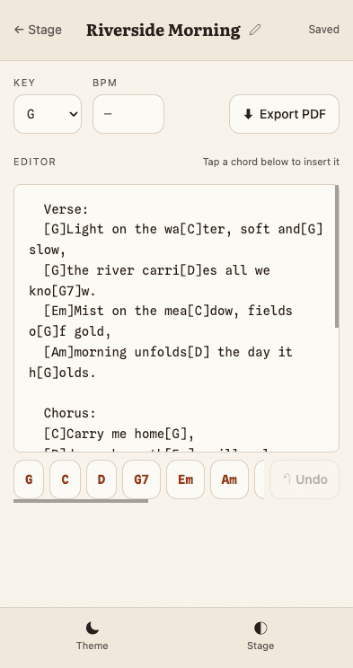 The aChordion song editor with a chord chip bar below the lyrics
