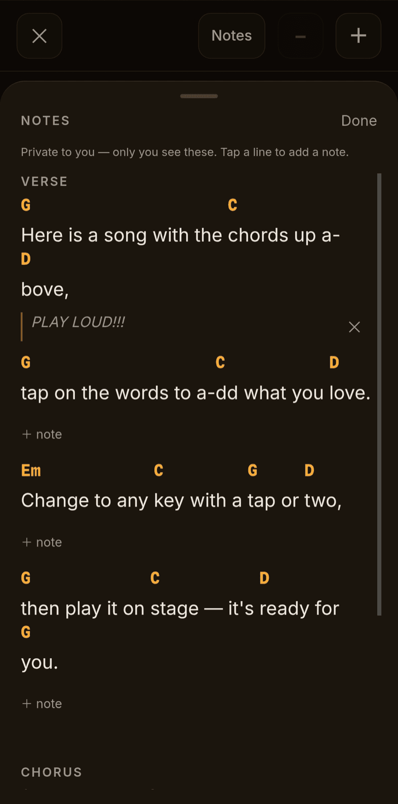 The per-song notes panel open over a chart, with a private note pinned to one line