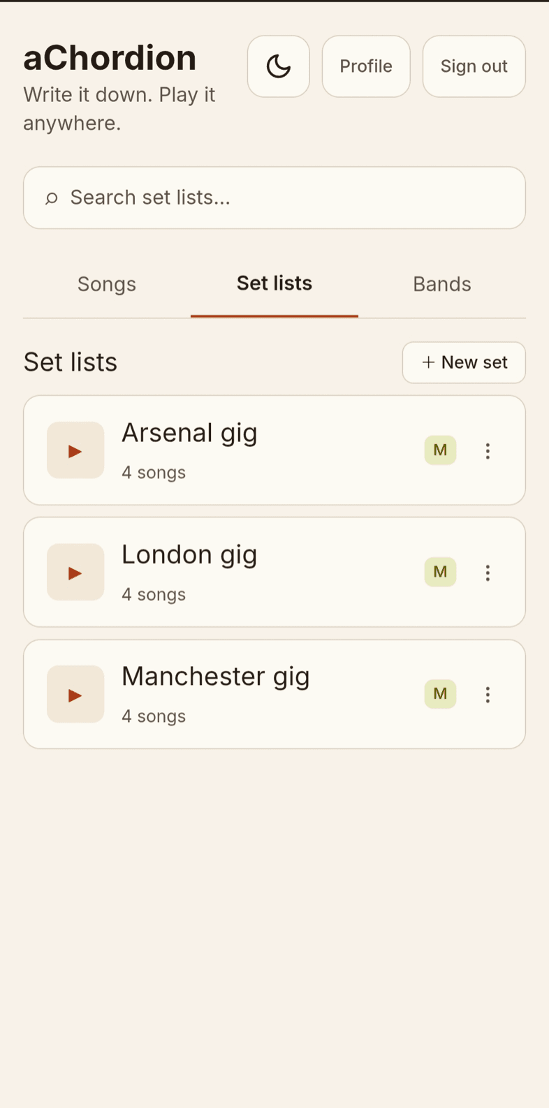 Band set lists — London, Arsenal and Manchester gigs, each ready to play