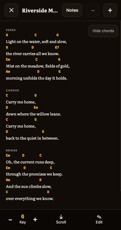 Full-screen stage view of a song with large chords above the lyrics