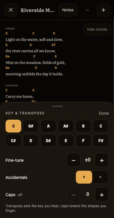 The key and transpose sheet with a piano-style key picker and capo control